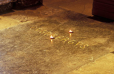 ENG: Northumbria Region, Durham, Durham Borough, Medieval Durham, Durham Cathedral. Interior; Chancel; candles light the grave of St. Cuthbert (d. 640), in St. Cuthbert's Chapel [Ask for #262.376.]