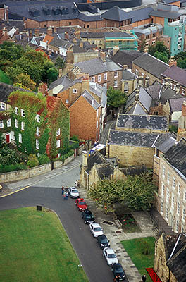 ENG: Northumbria Region, Durham, Durham Borough, Medieval Durham, Durham Cathedral. View from the top of the central tower northward, over the Castle Green to the medieval town, and the modern Prince Bishops Shopping Centre [Ask for #262.381.]