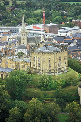 ENG: Northumbria Region, Durham, Durham Borough, Medieval Durham, Durham Cathedral. View from the top of the central tower northward, towards Durham Castle, now University College of Durham University. Medieval motte. [Ask for #262.382.]