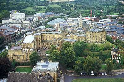 ENG: Northumbria Region, Durham, Durham Borough, Medieval Durham, Durham Cathedral. View from the top of the central tower northward, towards Durham Castle, now University College of Durham University. Medieval motte. [Ask for #262.384.]