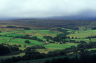 ENG: Northumbria Region, Durham, Stanhope, Wide view over the Upper Wear Valley, showing stone walls and farmsteads; Pennines in the background [Ask for #262.388.]