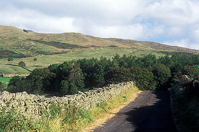 ENG: The Northwest Region, Cumbria, Lake District National Park, Windermere Area, Countryside near Windermere, A narrow lane, lined by a dry-laid stone wall, points towards open moors [Ask for #262.419.]