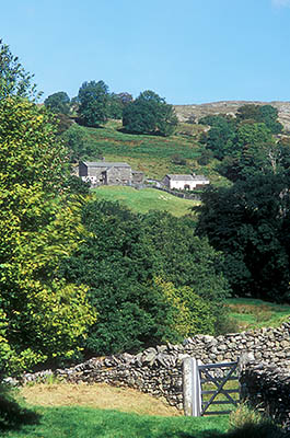 ENG: The Northwest Region, Cumbria, Lake District National Park, Central Lakes Area, Troutbeck, View across dry laid stone walls toward a traditional Cumbrian farmstead, with a stone farm house and a stone barn [Ask for #262.425.]