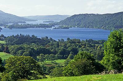 ENG: The Northwest Region, Cumbria, Lake District National Park, Windermere Area, Lake Windermere, View across high mountain meadows to Lake Windermere, dotted with sail boats [Ask for #262.427.]