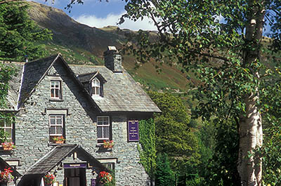 ENG: The Northwest Region, Cumbria, Lake District National Park, Central Lakes Area, Great Langdale, The New Dungeon Ghyll Hotel, built of local slate, sits beneath rough fells [Ask for #262.436.]