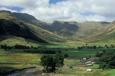 ENG: The Northwest Region, Cumbria, Lake District National Park, Central Lakes Area, Great Langdale, View of Great Langdale's western end, known as Mickleden, with a stone-wall lined lane running through it, Bow Fell on the left, Langdale Pikes on right [Ask for #262.438.]