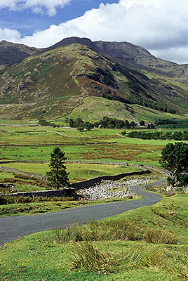 ENG: The Northwest Region, Cumbria, Lake District National Park, Central Lakes Area, Great Langdale, View of Great Langdale's western end, known as Mickleden, with a stone-wall lined lane running through it, Langdale Pikes in bkgrd [Ask for #262.439.]