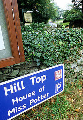 ENG: The Northwest Region, Cumbria, Lake District National Park, Furness Fells, Near Sawrey, Sign at village center for "Hill Top, House of Miss Potter" [Ask for #262.498.]