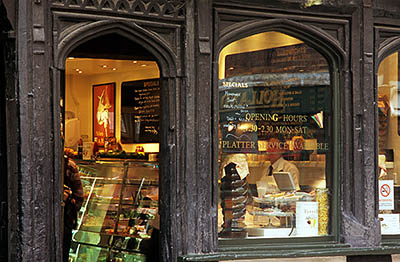 ENG: West Midlands Region, Shropshire, Shrewsbury and Atcham District, Shrewsbury, Phillpotts, a sandwich maker, occupies a historic half-timbered buildingon Butchers Row, a pedestrianized downtown street [Ask for #262.536.]