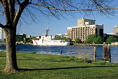 NC: New Hanover County, Cape Fear River Area, Wilmington, Riverfront, Downtown river front, viewed from Battleship Park [Ask for #263.007.]