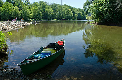 MD: Allegany County, Potomac River, The Chesapeake and Ohio Canal Nat Hist Park, Fifteen Mile Creek Recreation Area, Little Orleans, Canoe at launch in the Potomac River [Ask for #269.064.]