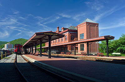 MD: Allegany County, Potomac River, Cumberland, Western Maryland Railway Station, Restored passenger station adjacent to the canal, terminus for the Western Maryland Scenic Railroad, a steam excursion railway. [Ask for #269.091.]