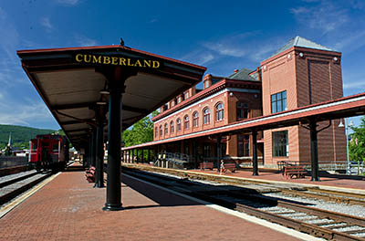 MD: Allegany County, Potomac River, Cumberland, Western Maryland Railway Station, Restored passenger station adjacent to the canal, terminus for the Western Maryland Scenic Railroad, a steam excursion railway. [Ask for #269.092.]