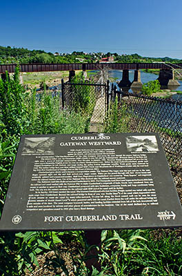 MD: Allegany County, Potomac River, Cumberland, Industrial area along the Potomac River to the immediate south of downtown, with interpretive placard "Cumberland Gateway Westward", part of Ft Cumberland Tr [Ask for #269.094.]