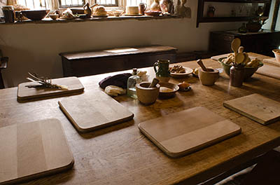 ENG: East Midlands Region, Leicestershire, Northwest Leicestershire, Coalville, Donnington le Heath Manor House, Furnished interior of 13th c. manor house; kitchen table [Ask for #270.048.]