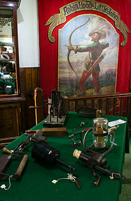 ENG: Yorkshire & Humberside Region, North Yorkshire, North Yorkshire Coast, Sea Cliffs, Robin Hood's Bay, Robin Hood's Bay Museum, inside the museum; village banner, showing Robin Hood [Ask for #270.073.]