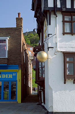 ENG: Yorkshire & Humberside Region, North Yorkshire, North Yorkshire Coast, Scarborough City, Old Harbour, Paved path leads from the harbor to the castle [Ask for #270.087.]