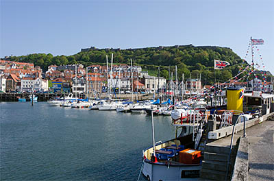 ENG: Yorkshire & Humberside Region, North Yorkshire, North Yorkshire Coast, Scarborough City, Old Harbour, View across harbor towards Scarborough Castle [Ask for #270.095.]