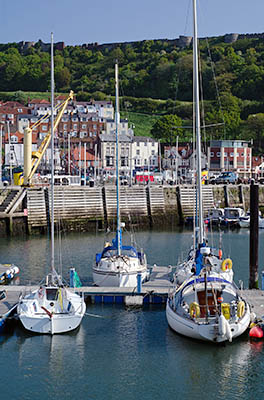 ENG: Yorkshire & Humberside Region, North Yorkshire, North Yorkshire Coast, Scarborough City, Old Harbour, View across harbor to the castle [Ask for #270.099.]