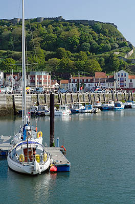 ENG: Yorkshire & Humberside Region, North Yorkshire, North Yorkshire Coast, Scarborough City, Old Harbour, View across harbor to the castle [Ask for #270.100.]