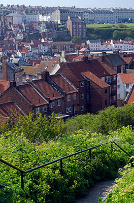 ENG: Yorkshire & Humberside Region, North Yorkshire, North Yorkshire Coast, Whitby, Abbey Steps, Paved footpath leads from top of steps down to harbor, between buildings and meadow; harbor view. [Ask for #270.149.]