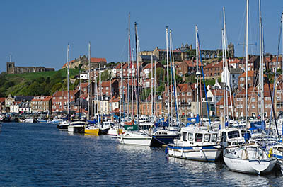 ENG: Yorkshire & Humberside Region, North Yorkshire, North Yorkshire Coast, Whitby, Town Center, View over harbor towards the abbey [Ask for #270.156.]