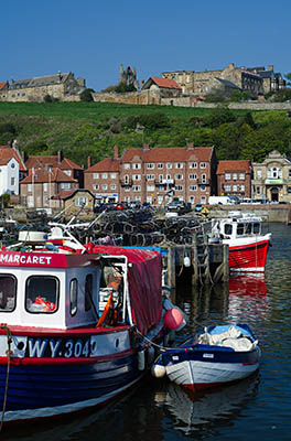 ENG: Yorkshire & Humberside Region, North Yorkshire, North Yorkshire Coast, Whitby, Town Center, View over harbor towards the abbey [Ask for #270.157.]