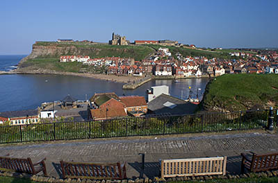 ENG: Yorkshire & Humberside Region, North Yorkshire, North Yorkshire Coast, Whitby, West Cliff, View from cliff-top park, towards the harbor and the abbey [Ask for #270.170.]