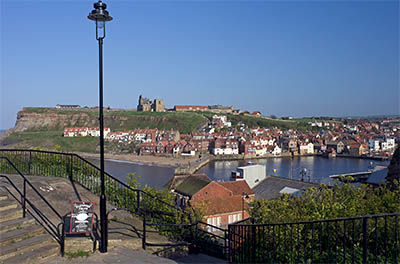 ENG: Yorkshire & Humberside Region, North Yorkshire, North Yorkshire Coast, Whitby, West Cliff, View from cliff-top park, towards the harbor and the abbey [Ask for #270.171.]