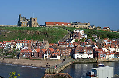 ENG: Yorkshire & Humberside Region, North Yorkshire, North Yorkshire Coast, Whitby, West Cliff, View from cliff-top park, towards the harbor and the abbey, with Abbey Steps running uphill at the center [Ask for #270.172.]