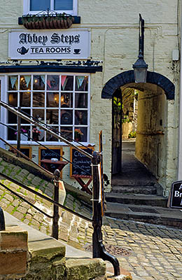 ENG: Yorkshire & Humberside Region, North Yorkshire, North Yorkshire Coast, Whitby, Abbey Steps, Steps leading to the abbey start at Church St., a historic, pedestrianized shopping lane; the Cleveland Way goes here. [Ask for #270.191.]