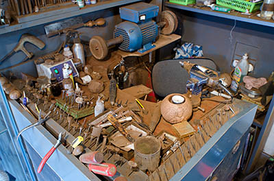 ENG: Yorkshire & Humberside Region, North Yorkshire, North Yorkshire Coast, Whitby, Whitby Jet Heritage Centre, The workbench of a contemporary jet craftsman [Ask for #270.197.]