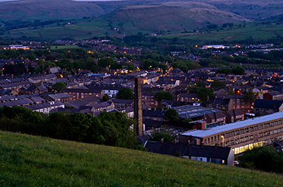 ENG: The Northwest Region, Lancashire, The Pennines, Rossendale, Haslingden, The town of Haslingden at dusk, viewed from the Halo Panopticon [Ask for #270.342.]