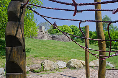 ENG: The Northwest Region, Lancashire, The Pennines, Blackburn-with-Darwen, Corporation Park, Colourfields Panopticon, a 19th c. battery converted to a public art project; viewed from a related sculpture functioning as a playground [Ask for #270.347.]