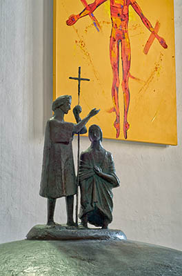 ENG: The Northwest Region, Lancashire, The Pennines, Blackburn-with-Darwen, Blackburn Cathedral, Interior, designed by John David Hayward (c. 1960s) and conceived as a single work of art. Baptismal font carving. [Ask for #270.378.]