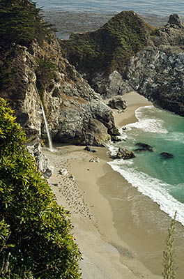 CA: South Coast Region, Monterey County, Los Padres National Forest, Big Sur, McWay Cove, Julia Pfeiffer Burns State Park, Waterfall flows over cliffs onto beach [Ask for #271.061.]