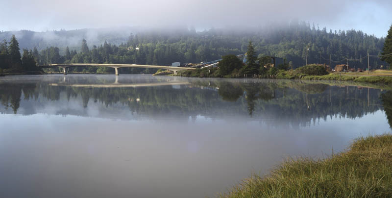 OR: Western Oregon, Coos County, Coast Range, Old Coos Bay Wagon Road, Coos City, Early morning view over Isthmus Slough towards Coos City Bridge, the western terminus of the Old Wagon Road [Ask for #274.312.]