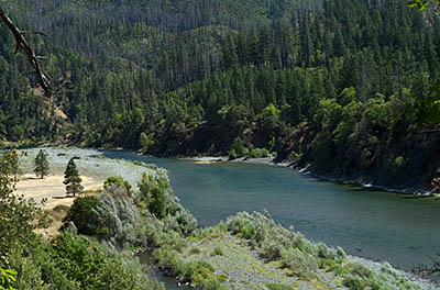 OR: South Coast Region, Curry County, Coast Range, Rogue-Siskiyou National Forest, Rogue-Coquille Scenic Byway, Illinois River Area, View up the Illinois Wild and Scenic River from the end of the side road [Ask for #274.777.]