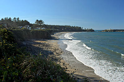 OR: South Coast Region, Coos County, Coos Bay Area, Cape Arago Parks, Yoakam Point State Park, View from the sea cliffs, over the beach below, towards Cape Arago Lighthouse. [Ask for #276.149.]