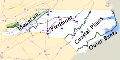 Clickable map of North Carolina's Four Regions: The Outer
                  Banks, The Coastal Plains, The Piedmont, and The Mountains